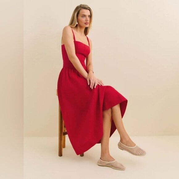 NEW Reformation Katarin Linen Midi Dress Lipstick Red Lace Detail | size 4 - Picture 4 of 12